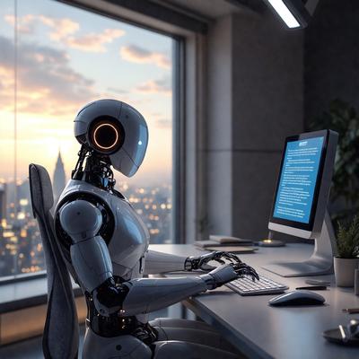 Primary subject: A robot sitting at a desk using a computer.

Setting/background: The robot is sitting in front of a window, with a cityscape visible in the background.

Visual style: The image is a digital artwork featuring a robot.

Colors and mood: The image has a futuristic and technological vibe, with the robot and the cityscape in the background creating a sense of innovation and progress.